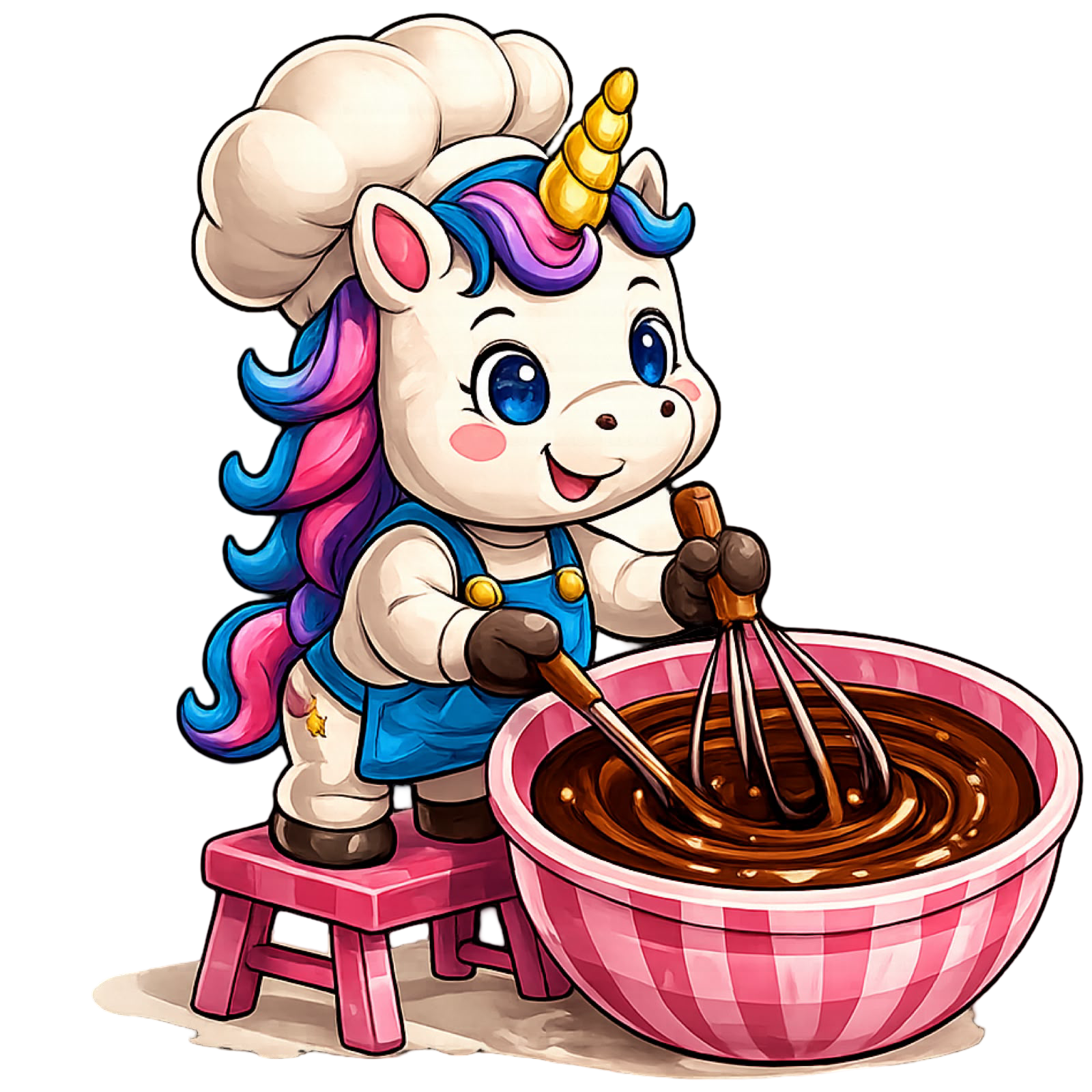 Unicornio chef batiendo chocolate